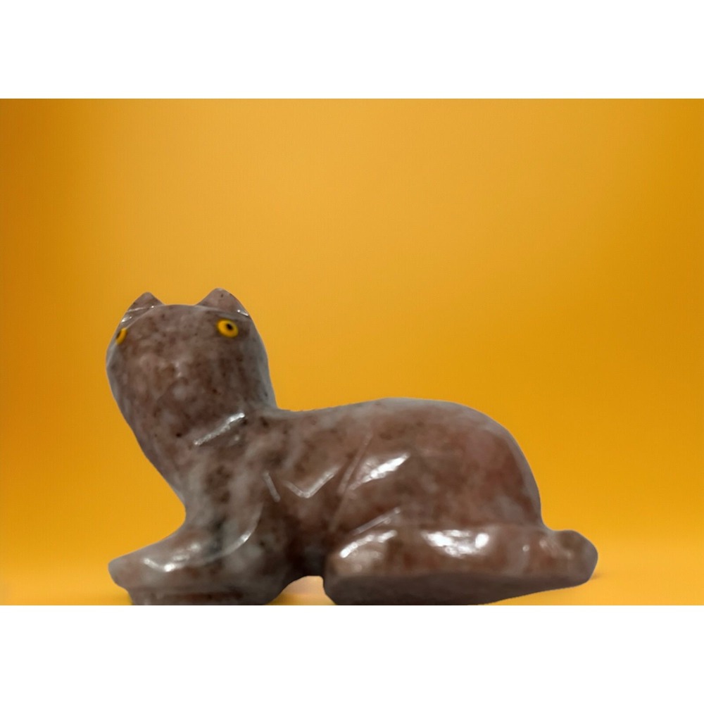 Stone Carved Animal Cat Kitty Natural Rock Mineral Carving Mini Rose Gray Fetish